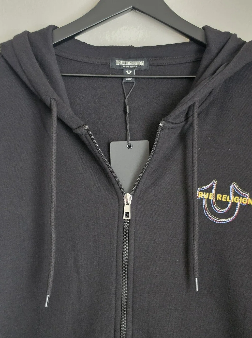 Men's True Religion Multi Horseshoe Black Zip Hoodie Sweatshirt Size XL New